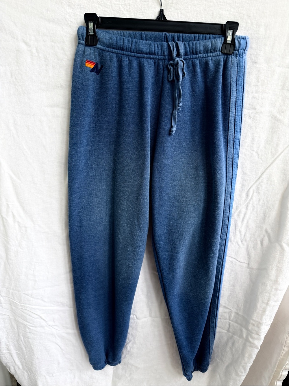 Aviator Nation Blue Embroidered Logo Drawstring Sweatpants, distressed fabric.